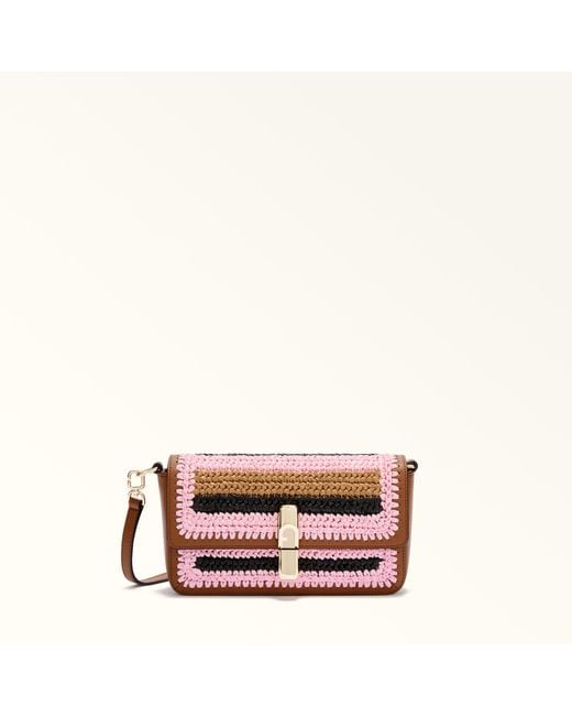 Furla Pink Iride Crossbody Toni Cognac Crochet Stripes Fabric + Sidney Calf Leather
