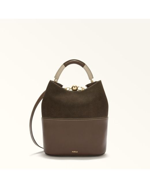 Furla Brown Sfera Bucket Bag Espresso Colorblock Napoli Double Calf Leather + Roma Soft Calf Leather Colorblock