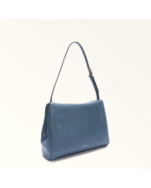 Furla Blue Domus Shoulder Bag Grigio Blu Varrenne Calf Leather + Suede