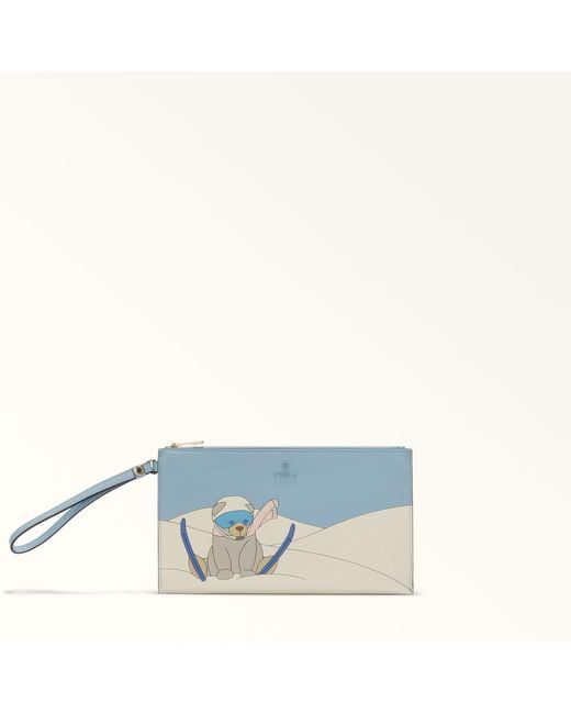 Furla Blue Camelia Envelope Toni Carta Da Zucchero Eracle Grained Calf Leather With Orso Sci Print