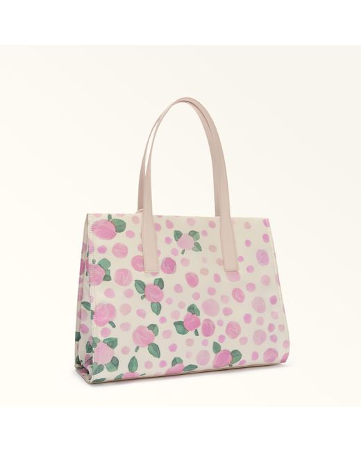 Furla Pink Fresia Tote Toni Azalea Nylon Fabric With Rose Pois Print + Colourblock Sydney Calf Leather