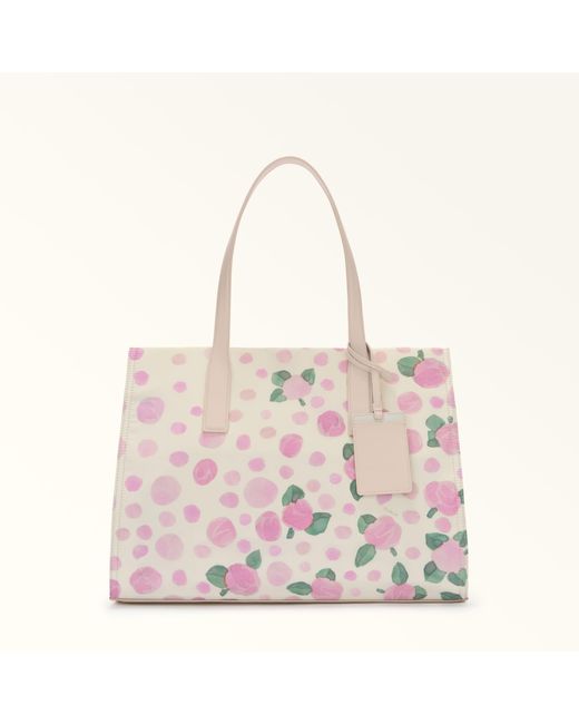 Furla Pink Fresia Tote Toni Azalea Nylon Fabric With Rose Pois Print + Colourblock Sydney Calf Leather