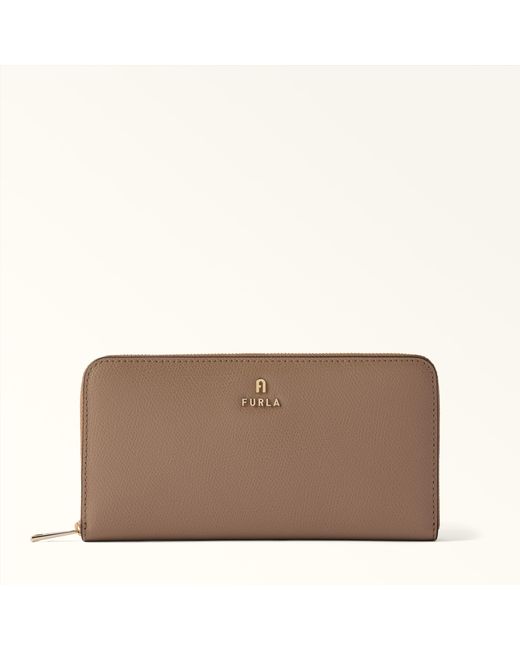 Furla Brown Camelia Zip Around Greige Textured Leather