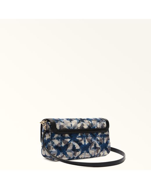 Furla Blue Iride Crossbody Toni Nero Flowers Jacquard Fabric + Sidney Calf Leather