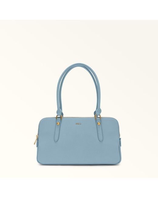 Furla Blue Giulia Boston Bag Carta Da Zucchero Textured Leather + Suede
