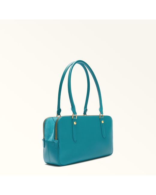 Furla Blue Giulia Boston Bag Amatore Textured Leather + Suede