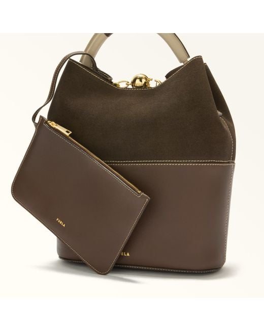 Furla Brown Sfera Bucket Bag Espresso Colorblock Napoli Double Calf Leather + Roma Soft Calf Leather Colorblock