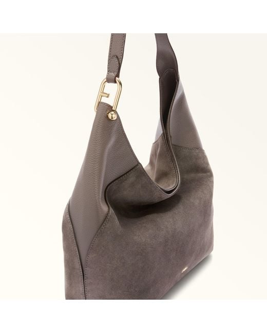 Furla Gray Lara Shoulder Bag Toni Urban Suede + Grained Calf Leather