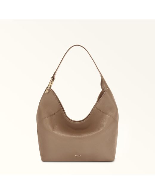 Furla Brown Lara Shoulder Bag Taupe Grained Calf Leather