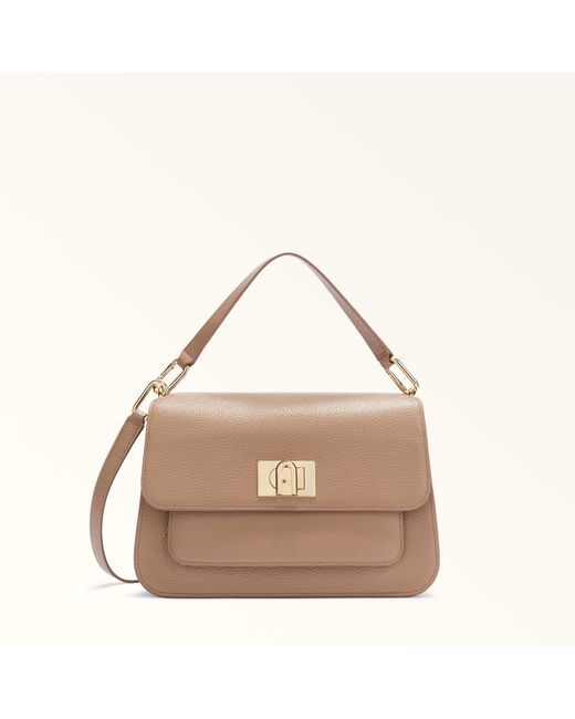Furla Natural Ella Top Handle Greige Grained Calf Leather