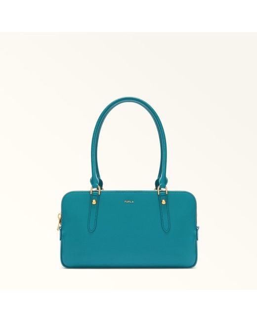 Furla Blue Giulia Boston Bag Amatore Textured Leather + Suede