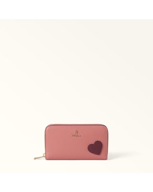 Furla Pink Camelia Zip Around Toni Rosewood Sidney Calf Leather + Heart Patch