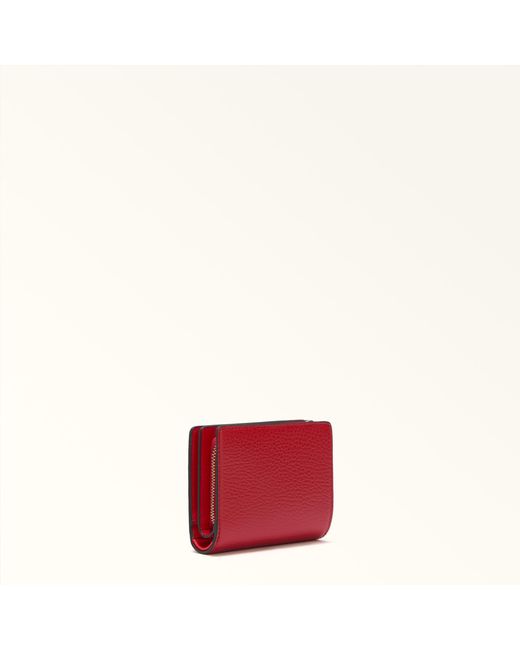 Furla Red Camelia Compact Wallet Toni M1 Eracle Grained Calf Leather With Orso Cuore Print