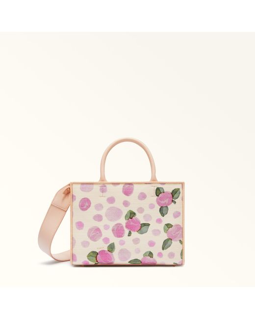 Furla Pink Opportunity Tote Toni Azalea Canvas Fabric With Rose Pois Print + Sidney Calf Leather