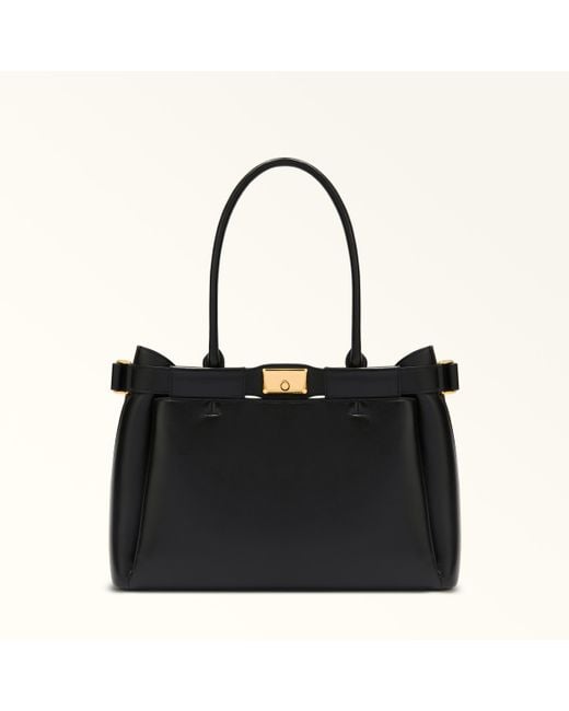 Furla Black Iris Tote Nero Torino Calf Leather + Cowhide