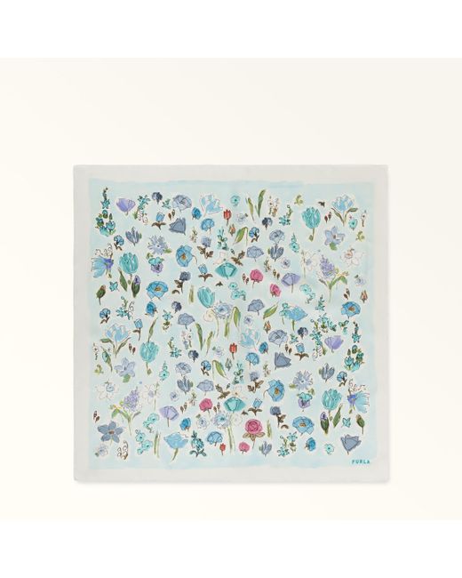 Tortona Sciarpa Toni Acquamarina Twill Di Seta Con Stampa Prato Fiorito Donna di Furla in Blue