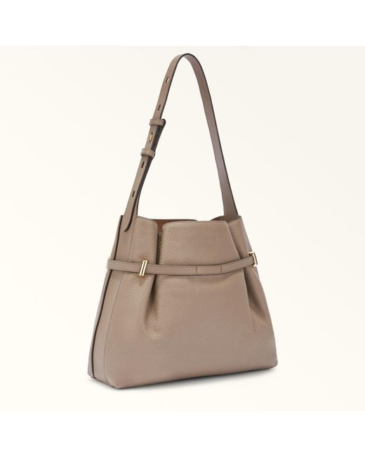 Furla Natural Aura Bucket Bag Stucco Keria Grained Calf Leather