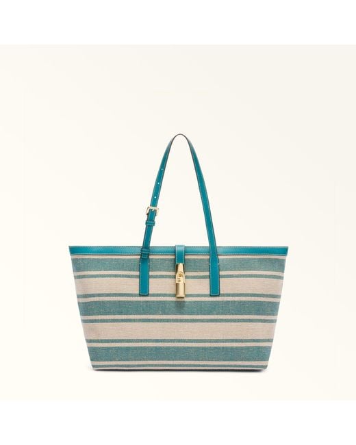Furla Blue Debby Tote Toni Amatore Canvas Stripes Fabric + Sidney Calf Leather