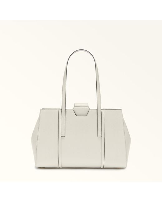 Furla White Riva Tote Panna Textured Leather