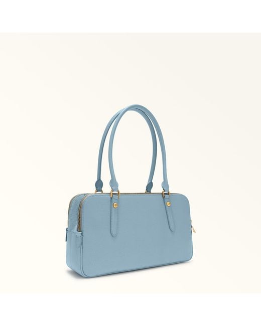 Furla Blue Giulia Boston Bag Carta Da Zucchero Textured Leather + Suede