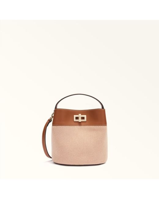 Furla Brown Amelia Bucket Bag L Toni Cognac Canvas Fabric + Sidney Calf Leather