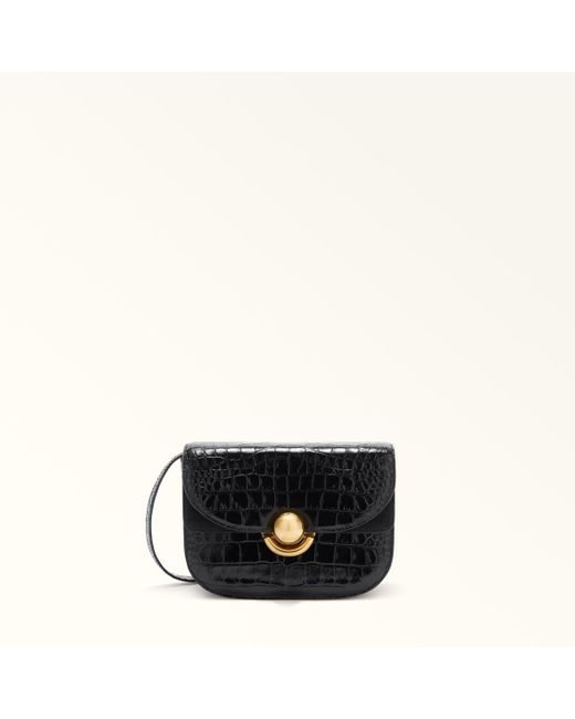 Furla Black Sfera Crossbody Mini Nero Crocodile Print Calfskin + Suede