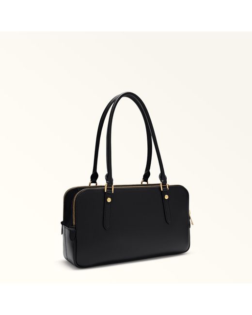 Furla Black Giulia Boston Bag Nero Textured Leather + Suede