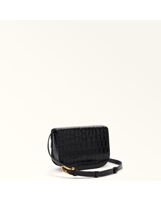 Furla Black Sfera Crossbody Mini Nero Crocodile Print Calfskin + Suede