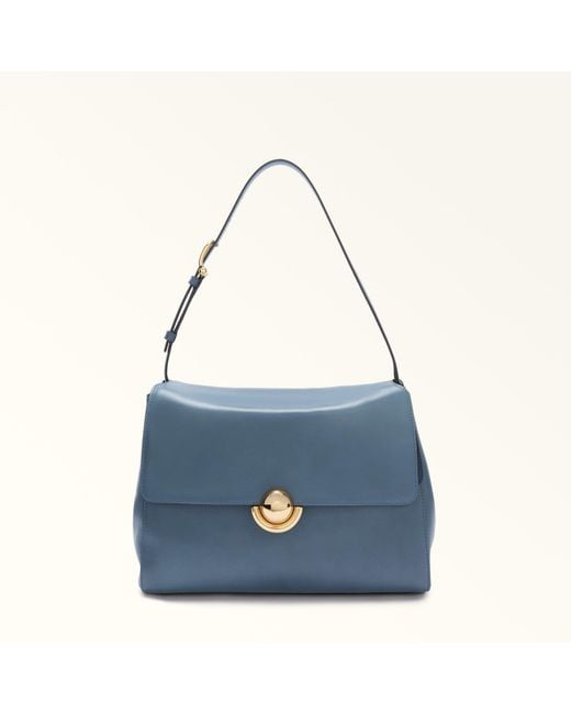 Furla Blue Domus Shoulder Bag Grigio Blu Varrenne Calf Leather + Suede