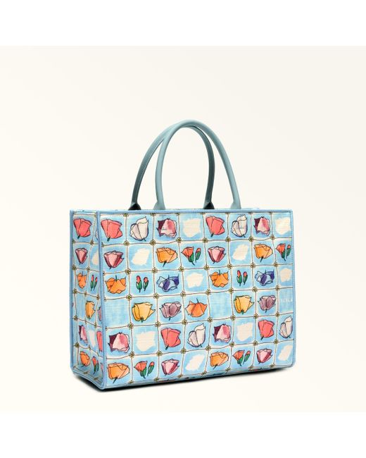 Furla Blue Opportunity Tote Toni Turchese Canvas Fabric With Papaveri Pop Print