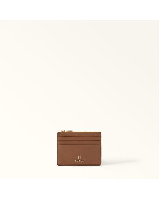 Furla Brown Camelia Card Case Cognac H Textured Leather
