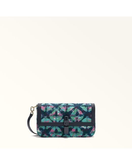 Furla Blue Iride Crossbody Toni Ink Flowers Jacquard Fabric + Sidney Calf Leather