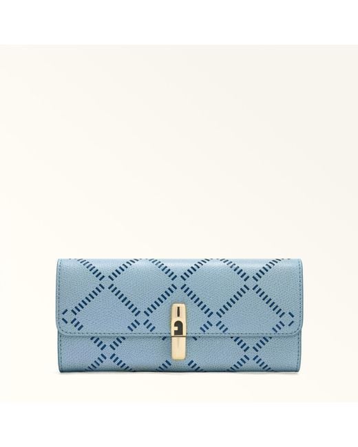Furla Blue Iride Continental Wallet Carta Da Zucchero Perforated Ares Textured Leather