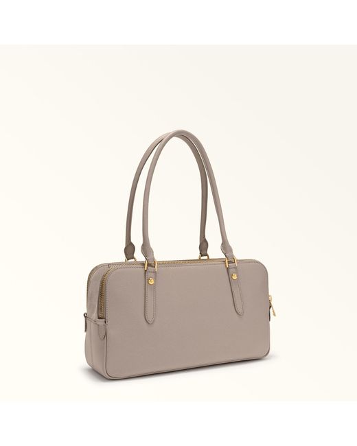 Furla Gray Giulia Boston Bag Linen Textured Leather + Suede