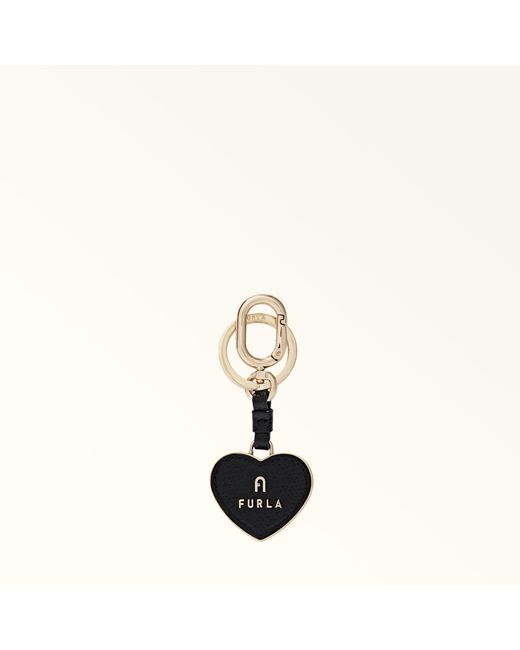 Furla Natural Camelia Keyring Nero Textured Leather + Metal