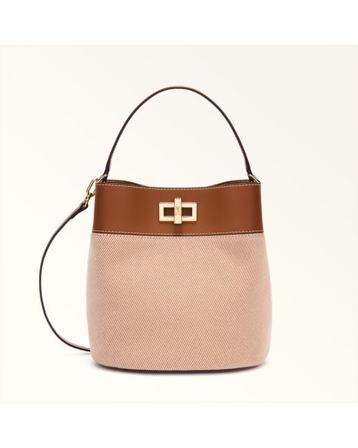 Furla Brown Amelia Bucket Bag S Toni Cognac Canvas Fabric + Sidney Calf Leather