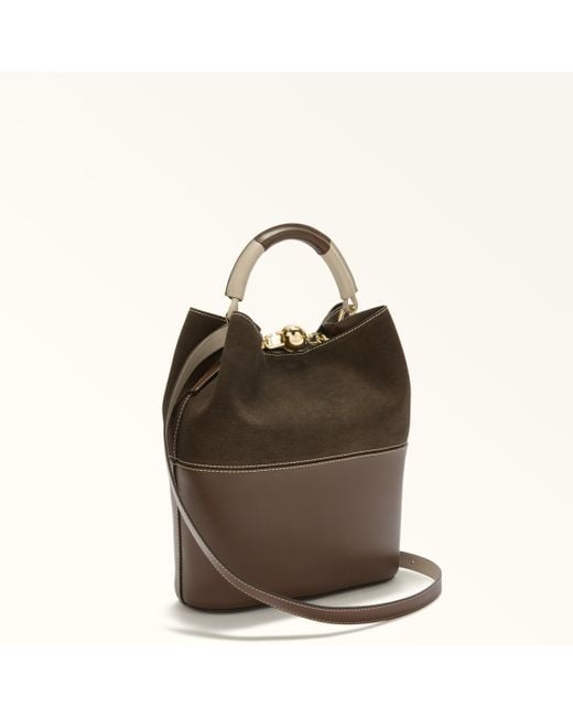Furla Brown Sfera Bucket Bag Espresso Colorblock Napoli Double Calf Leather + Roma Soft Calf Leather Colorblock