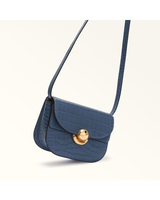Furla Blue Sfera Crossbody Mini Denim Crocodile Print Calfskin + Suede