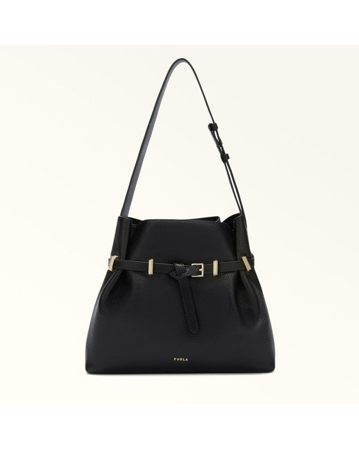 Furla Black Aura Bucket Bag Nero Keria Grained Calf Leather