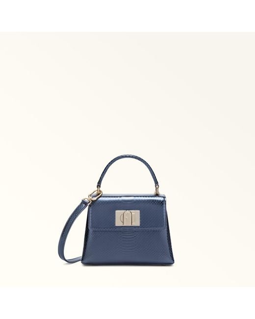 Furla Blue 1927 Top Handle Mini Leather With Python Whips Lame' Print