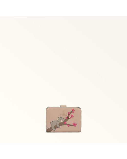 Furla Pink Camelia Compact Wallet Toni Cotone Eracle Grained Calf Leather With Orso Primavera Print