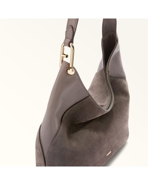 Furla Gray Lara Shoulder Bag Toni Urban Suede + Grained Calf Leather