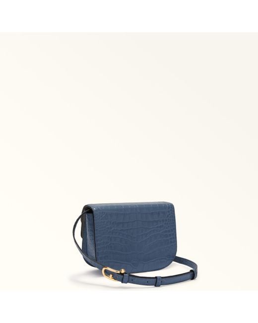 Furla Blue Sfera Crossbody Mini Denim Crocodile Print Calfskin + Suede