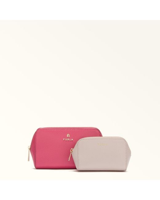 Furla Pink Camelia Cosmetic Case Velvet Textured Leather