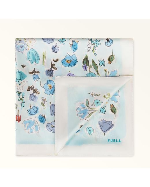 Tortona Sciarpa Toni Acquamarina Twill Di Seta Con Stampa Prato Fiorito Donna di Furla in Blue