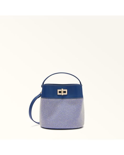 Furla Blue Amelia Bucket Bag L Toni Canvas Fabric + Sidney Calf Leather