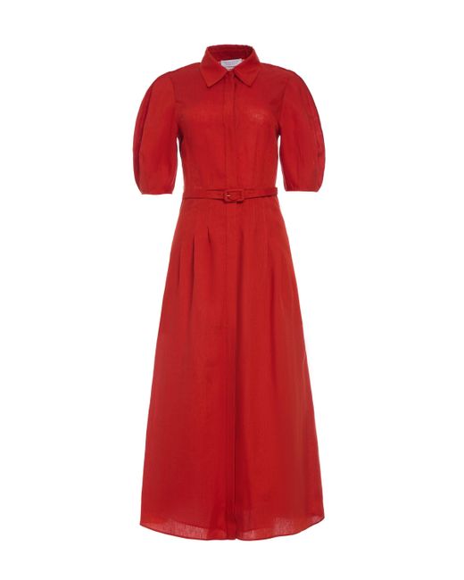 Gabriela Hearst Red Maude Pleated Midi Shirtdress
