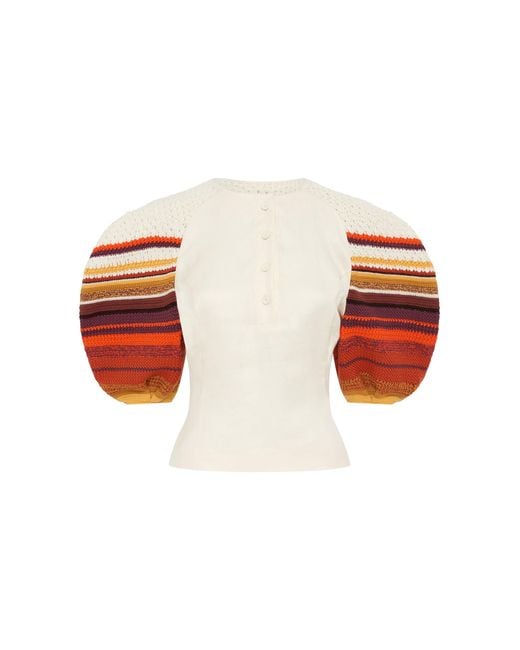 Gabriela Hearst White Elira Crochet Puff Sleeve Top