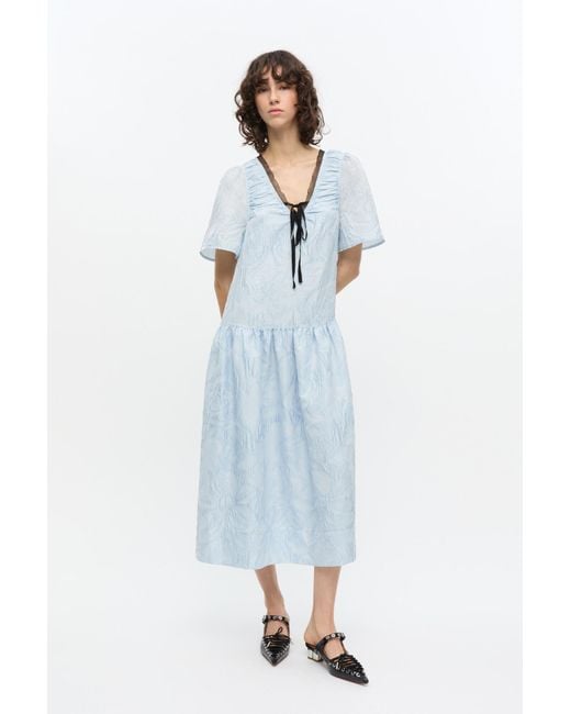 Ganni Blue Textured Cloque Midi Dress