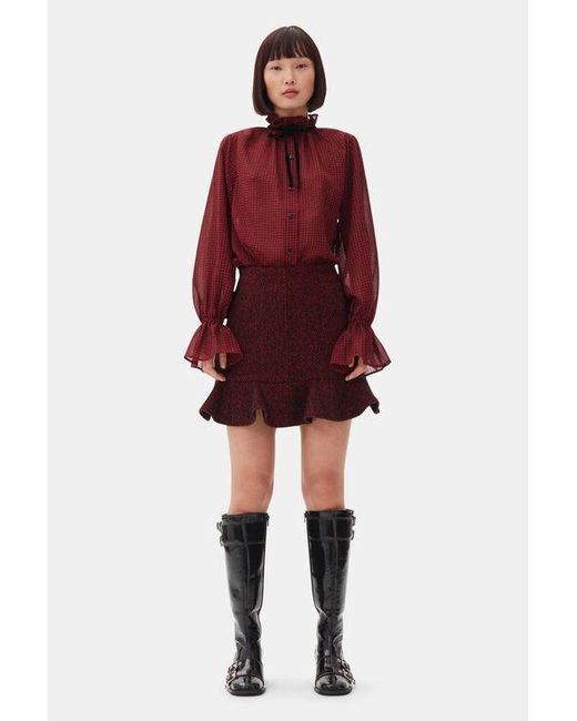 Ganni Red Herringbone Wool Mini Skirt